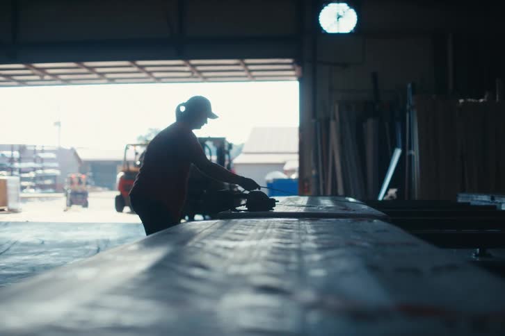 A silhouetted female worker measures and sands a long metal beam inside a bustling industrial workshop