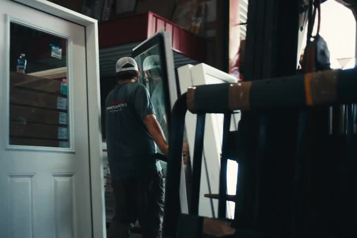 A warehouse worker carefully moves a large glass door past a forklift and other building materials