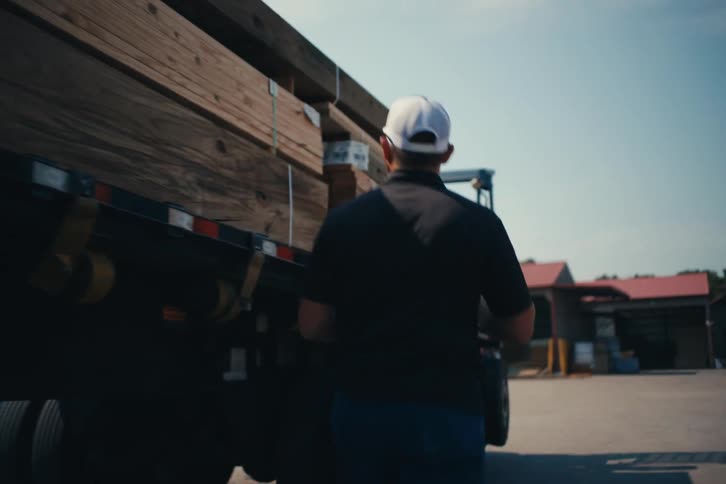 A warehouse manager walks alongside a flatbed truck, inspecting the loaded lumber shipment with a tablet in hand