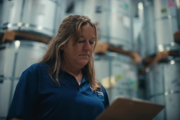 A female worker in a blue uniform takes inventory in a warehouse, checking her clipboard before looking up at the stock in slow motion