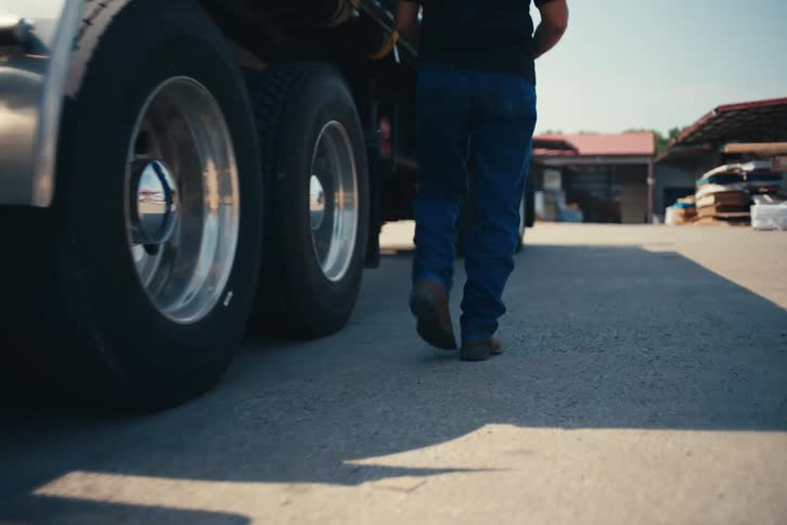 Low angle, slow motion shot of a worker in jeans and boots walking alongside a large truck in an industrial yard