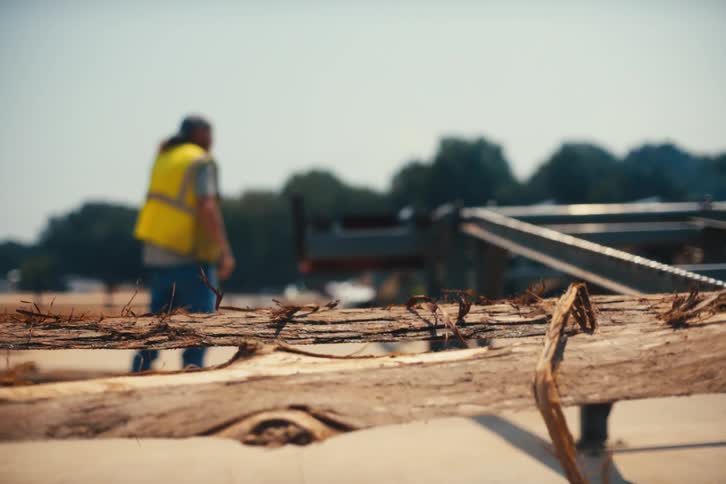 A bearded man in a yellow safety vest walks across a lumber yard as the camera focus shifts to a wooden beam in the foreground