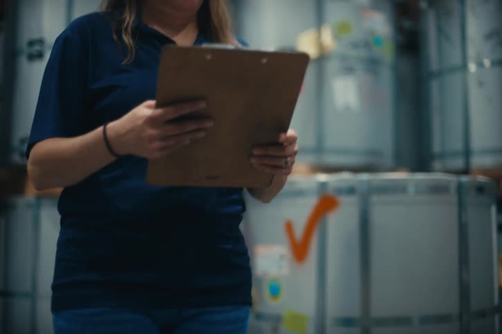 A female warehouse supervisor with a clipboard walks through a factory, inspecting stacked metal coils in slow motion