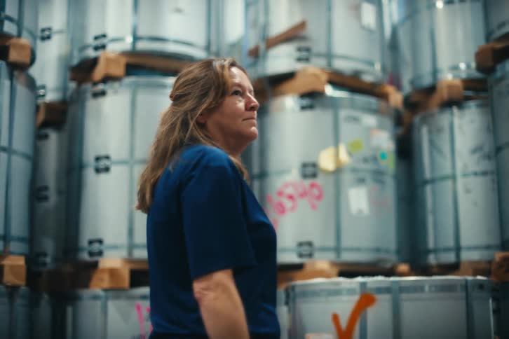 A female warehouse worker walks through the aisles of a factory, stopping to proudly survey the large rolls of sheet metal