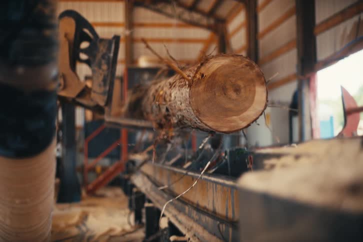An industrial crane carefully places a large tree log onto a sawmill for processing inside a warehouse