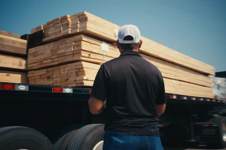 A lumber yard worker inspects a large shipment of wood planks on a flatbed truck while taking notes on a clipboard