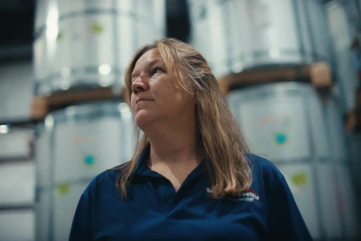 A female warehouse manager with a serious expression inspects stock, checking items off her clipboard in slow motion