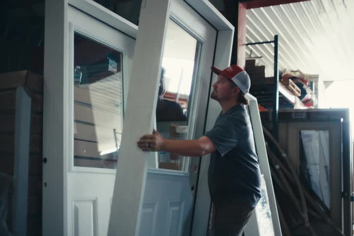 A warehouse worker in a baseball cap carefully maneuvers a large white door through a cluttered storage facility in slow motion