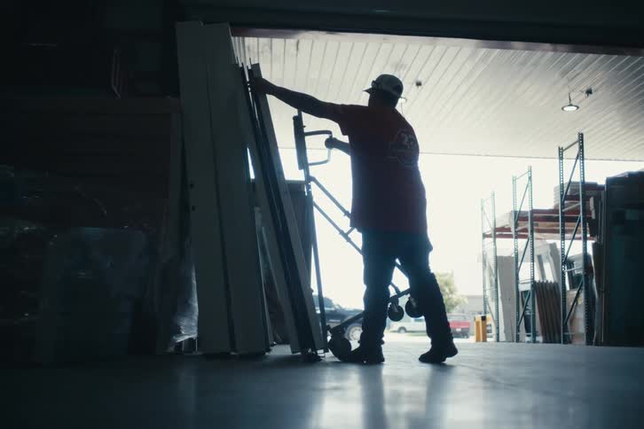 A silhouetted worker in a warehouse slowly wheels a dolly loaded with large panels out through a bright, open bay door