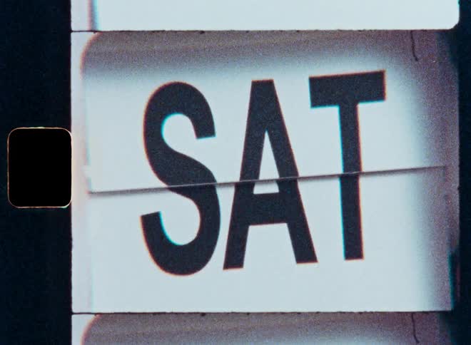 A vintage flip calendar with a film aesthetic cycles through the days of the week in a looping close-up