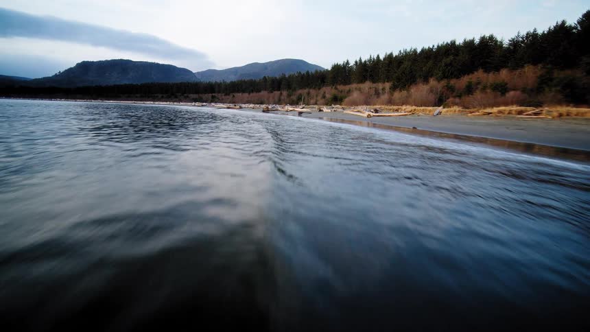 A dramatic, fast-moving aerial shot flies low over the dark ocean waves along a rugged, forested coastline littered with driftwood