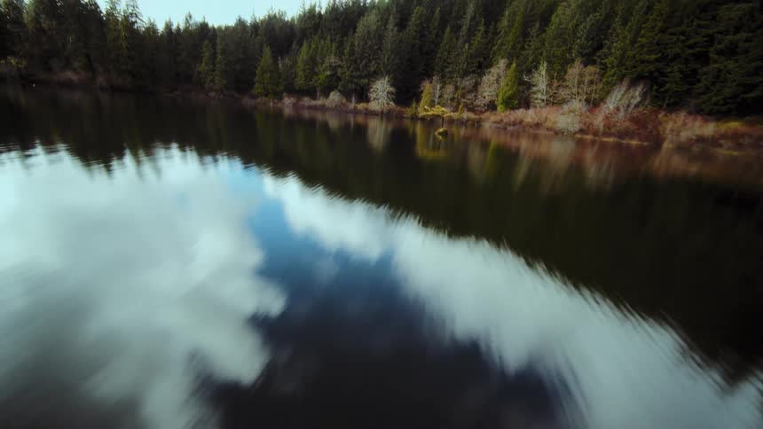 A fly fishing line ripples the surface of a placid lake, with the camera tilting up from the water's reflection to reveal the surrounding forest and sky