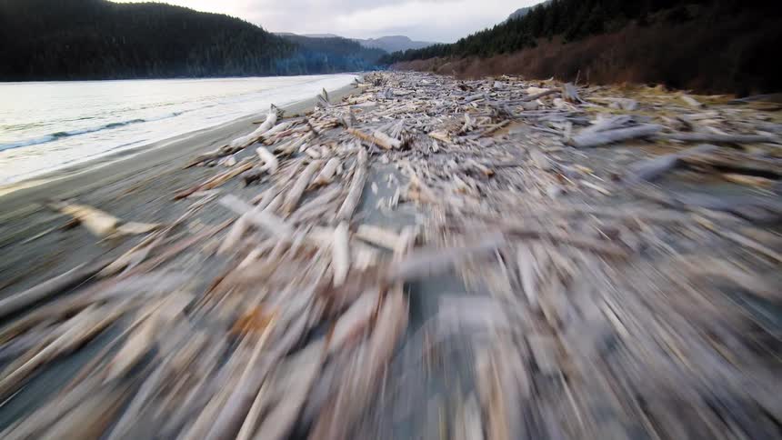 A fast-paced aerial flyover along a remote beach, starting with the crashing waves and moving over a vast expanse of driftwood covering the sandy shore