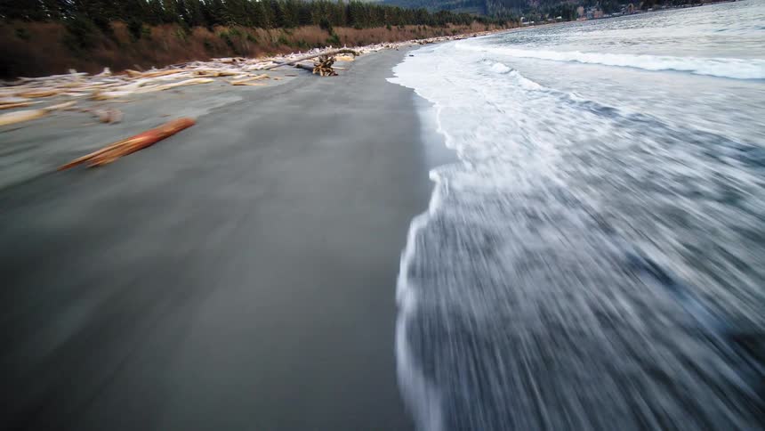An aerial shot descends and flies at high speed along a moody, forested coastline scattered with driftwood
