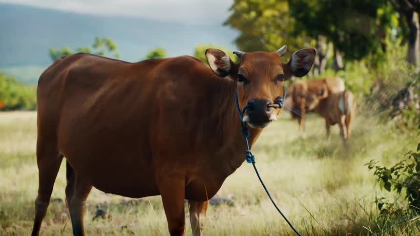 A brown cow grazes peacefully in a sunny pasture before looking up and chewing its cud