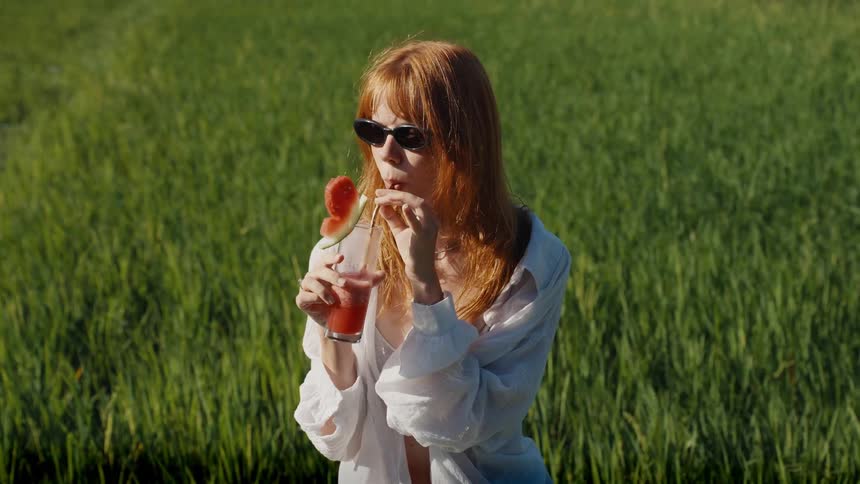 A stylish redhead in sunglasses sips a refreshing watermelon smoothie while standing in a lush green field on a sunny day