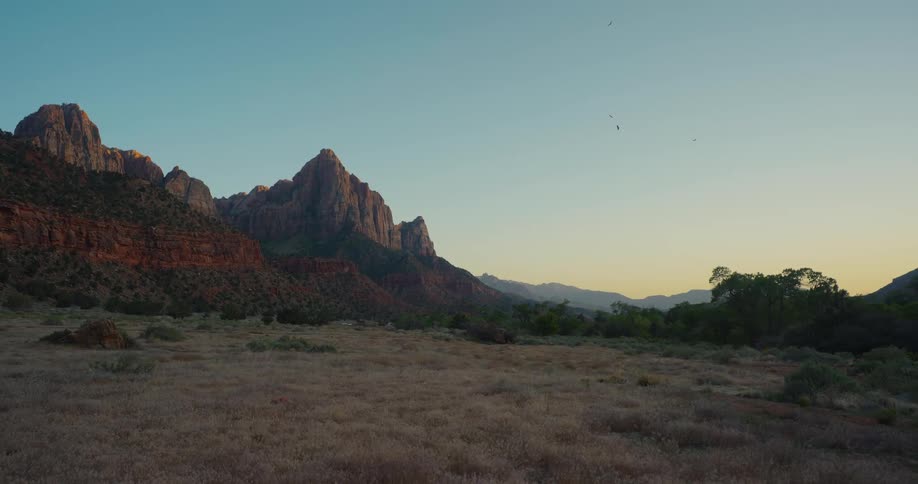 A majestic view of the red rock mountains of Zion National Park at dusk, with birds flying over a golden field