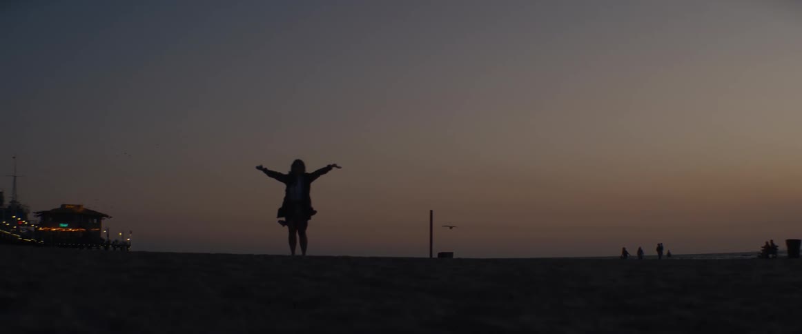 Cinematic slow-motion shot of a person's silhouette on the beach at dusk with their arms wide open in a moment of freedom