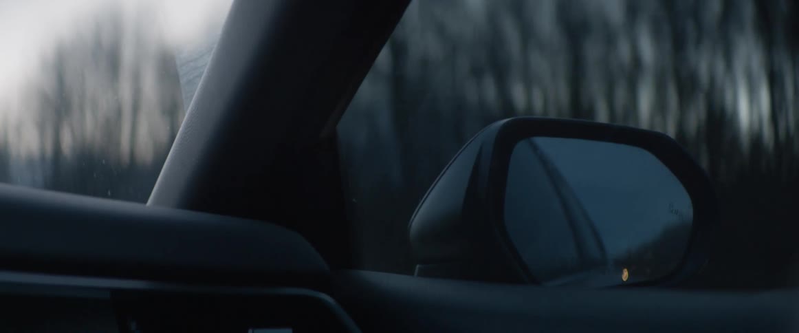 Driving on a moody day, a close-up view of the side mirror shows the blind-spot warning light illuminating