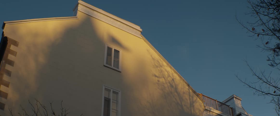 Timelapse of tree shadows moving across the side of a building during a golden hour sunset