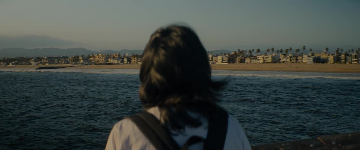 A person with hair blowing in the wind looks out over the ocean towards a distant California beach town