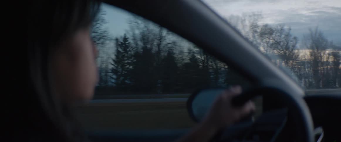 Over-the-shoulder view of a woman driving on a highway at dusk, with passing traffic and scenery visible through the window