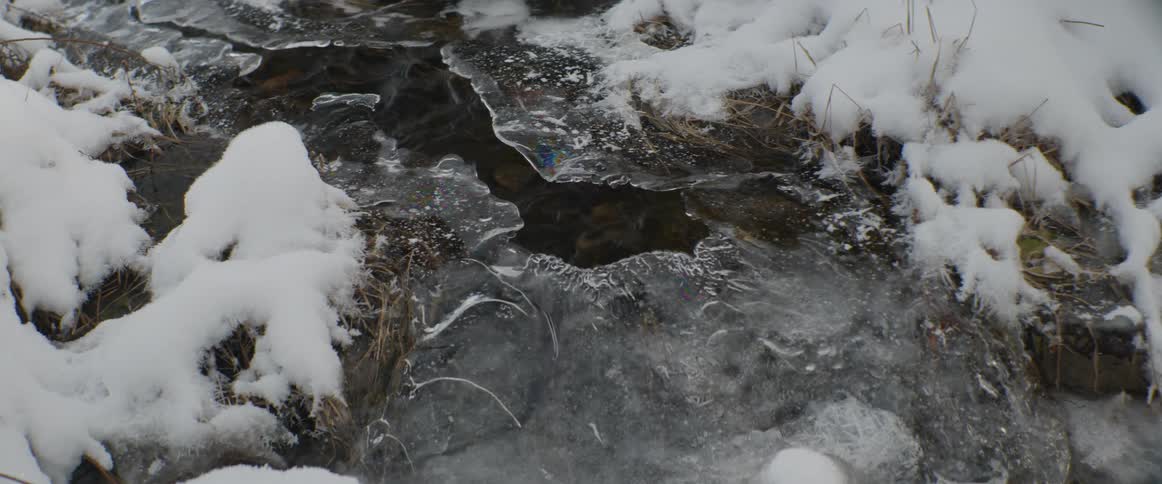 Water gently flows underneath a delicate sheet of ice on a stream surrounded by snow-covered banks