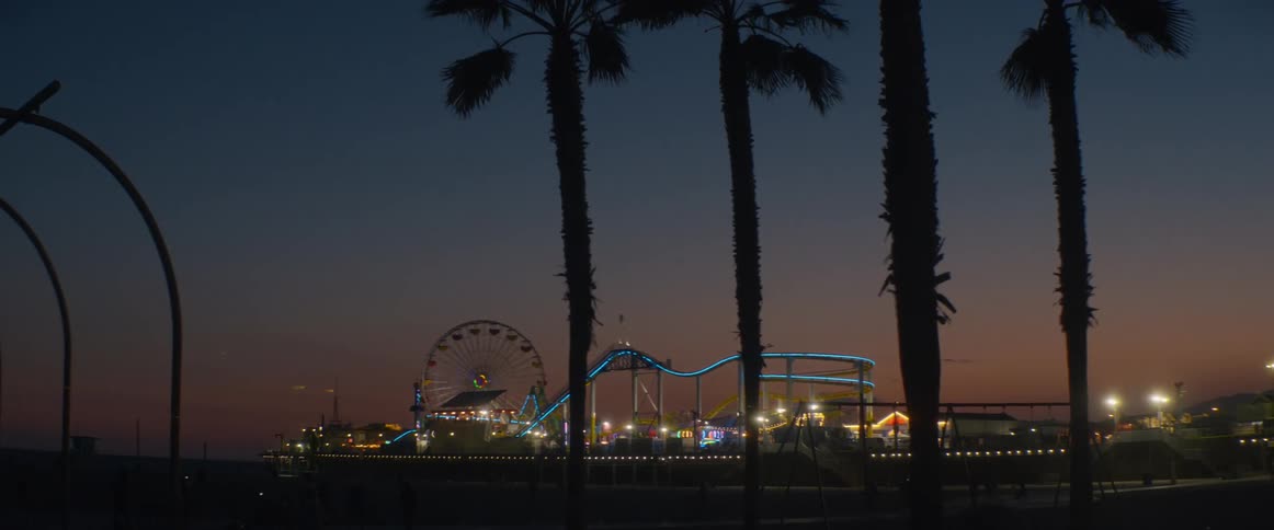 The iconic Santa Monica Pier amusement park glows with blue and green lights against the twilight sky, framed by silhouetted palm trees