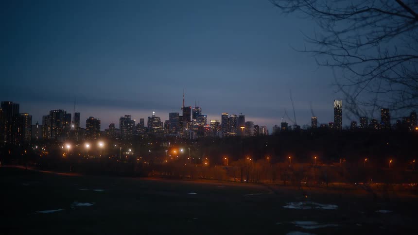 A serene view of the illuminated Toronto skyline at dusk as seen from a dark park in the foreground