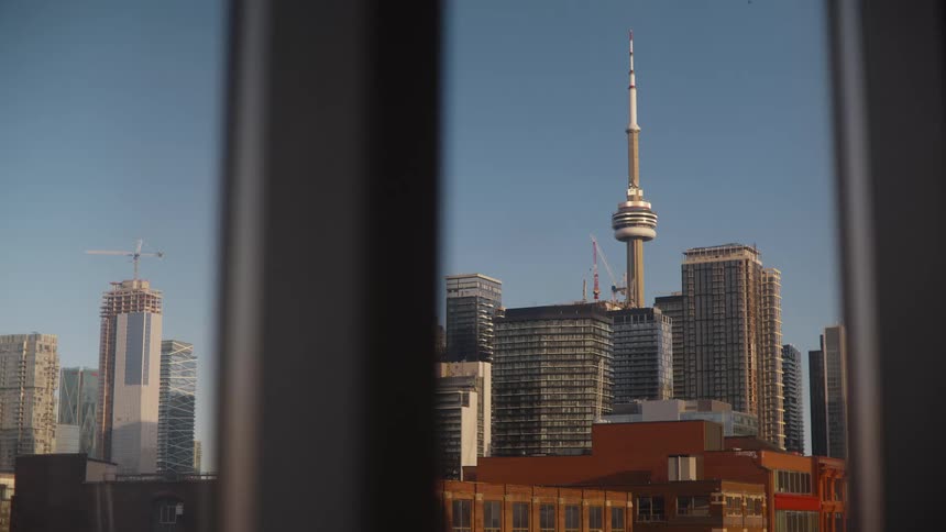 A serene, framed view of the Toronto skyline featuring the iconic CN Tower on a clear, sunny day