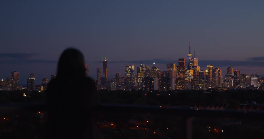 The silhouette of a person looks out over the brightly lit city skyline at dusk from a high vantage point