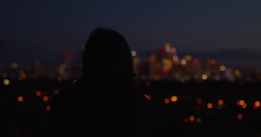 A person is silhouetted from behind as they look out at a blurry city skyline with colorful bokeh lights at night