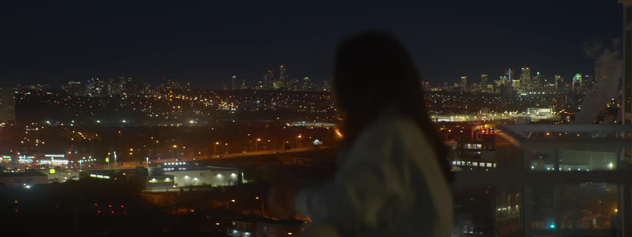 Over-the-shoulder view of a person contemplating the illuminated city skyline from a balcony at night