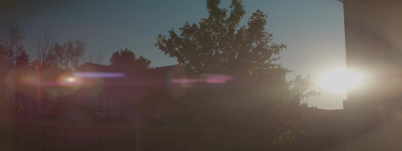 A slow pan across a quiet suburban neighborhood with trees at sunset, revealing a beautiful, warm lens flare
