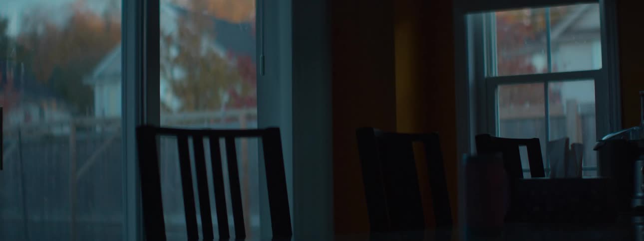 Timelapse of an autumn day turning to evening, viewed from inside a dark dining room looking out the window