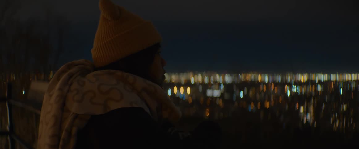 A person wearing a beanie and wrapped in a blanket gazes out at the twinkling city lights from an overlook at night