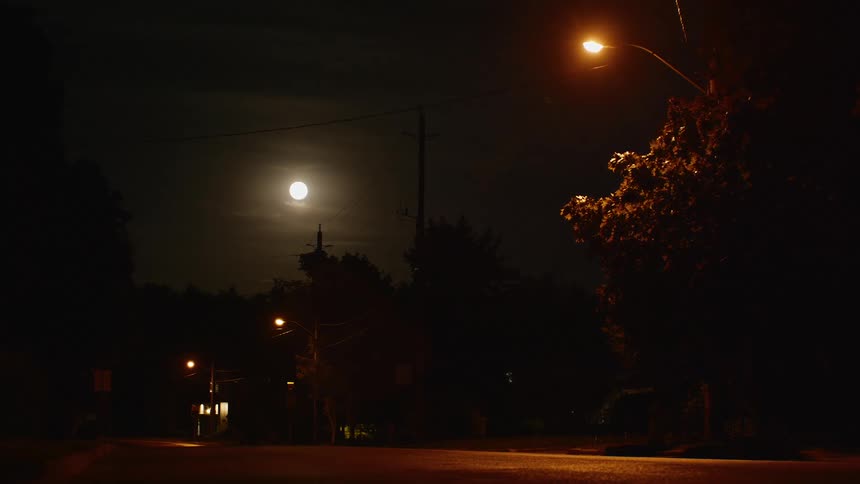 A bright full moon hangs in the night sky over a quiet, empty suburban street illuminated by glowing streetlights