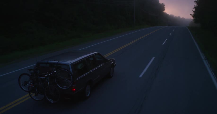 Car driving down a tree lined road