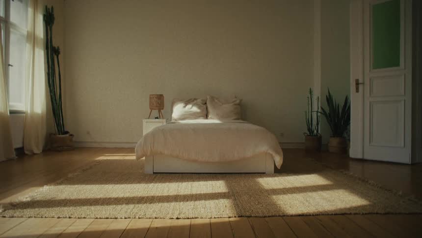 A slow dolly shot through a doorway reveals a tranquil, sun-drenched bedroom with minimalist decor and natural elements
