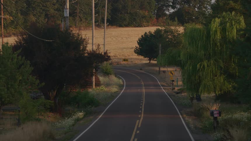 A steady aerial push-in shot of a quiet, winding country road through fields and trees at dusk