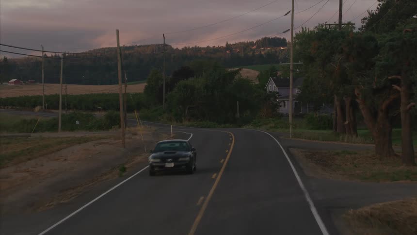 A forward tracking shot follows a winding country road through farmland at dusk as a car drives past