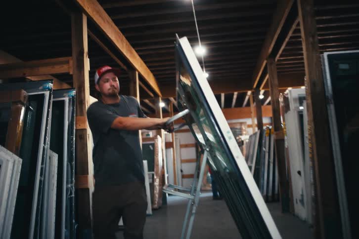 A construction worker in a warehouse carefully moves a large glass door on a rolling cart in slow motion