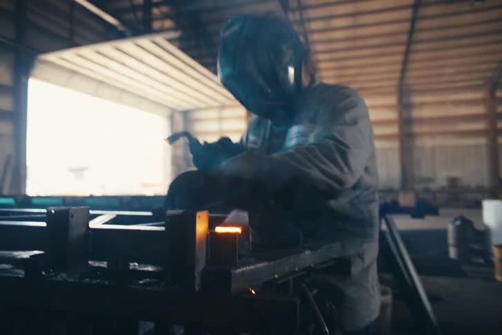 Cinematic slow motion shot of a welder creating a shower of sparks while working on a metal frame in a large industrial workshop
