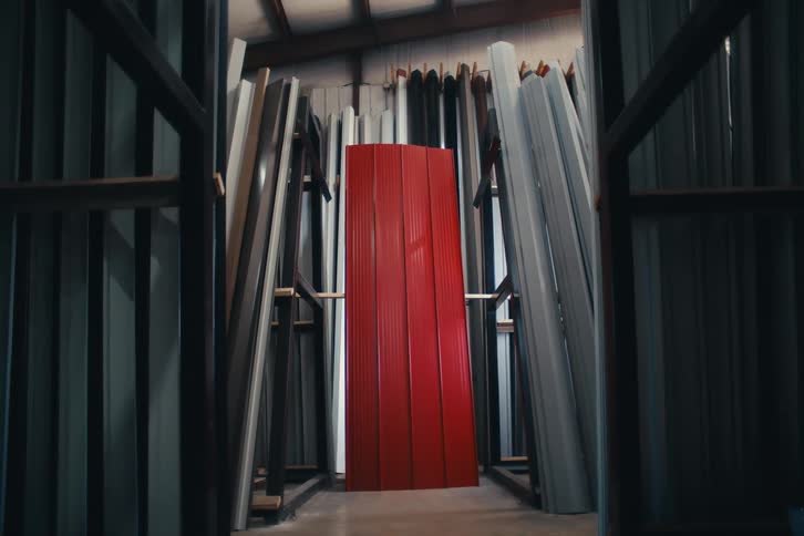 A slow dolly shot pulls back between industrial shelves to reveal various colored sheets of metal siding in a warehouse