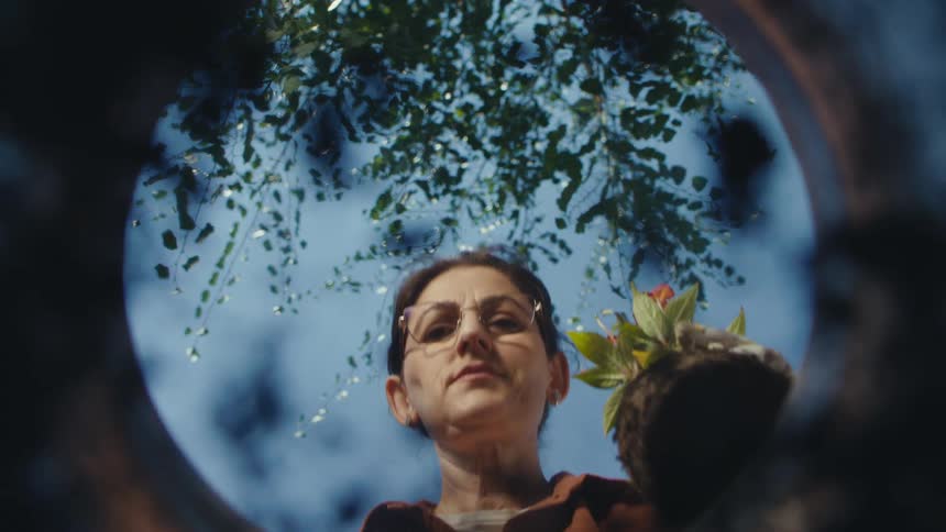 A unique point of view from inside a hole as a woman plants a small flowering plant