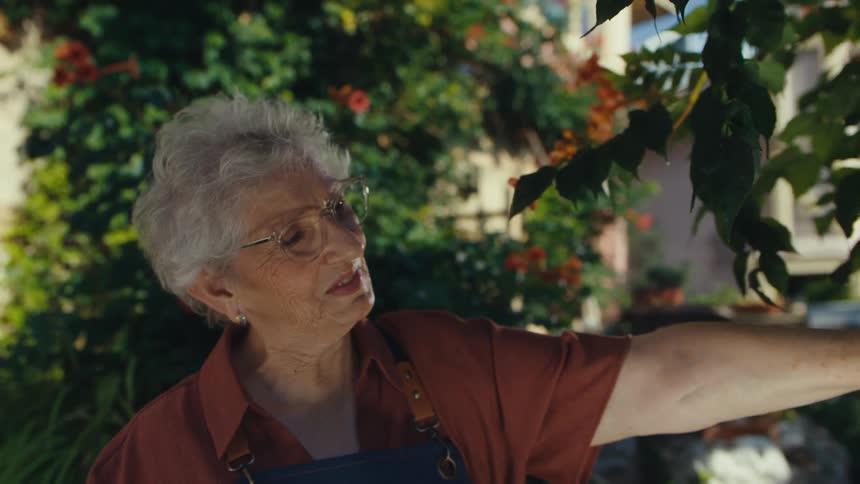 A happy elderly woman with glasses enjoys a peaceful moment in her lush, sunny garden, admiring the plants