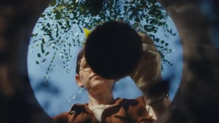 A unique point-of-view from inside a hole in the ground as a woman with glasses carefully plants a seedling, covering the camera