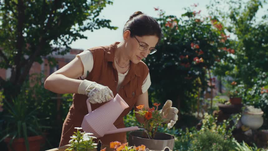 A woman with glasses and gardening gloves carefully waters a newly potted orange flower in her lush, sunny garden