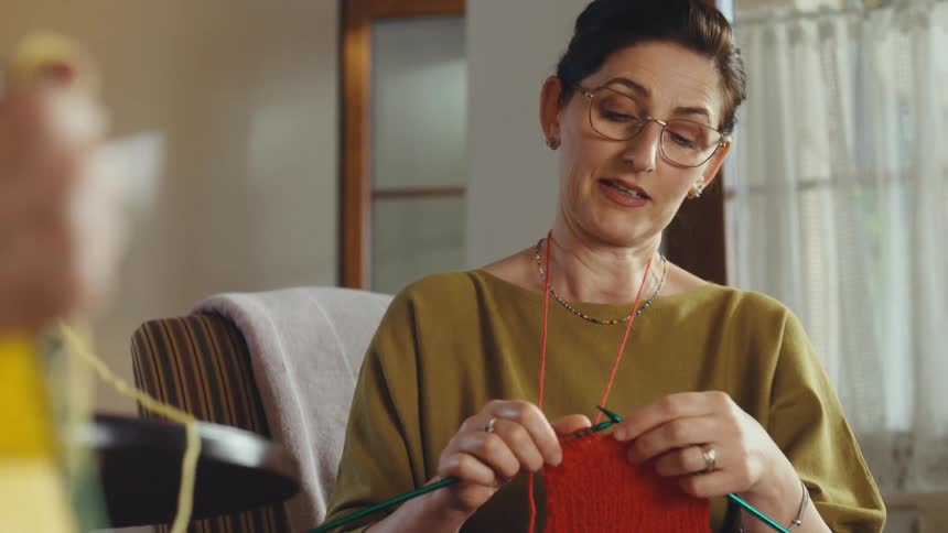 A woman with glasses sits in a cozy armchair, enjoying a pleasant conversation while knitting with red yarn