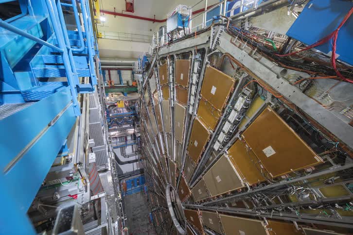A slow zoom-out reveals the immense scale and complexity of the ATLAS detector at CERN's Large Hadron Collider